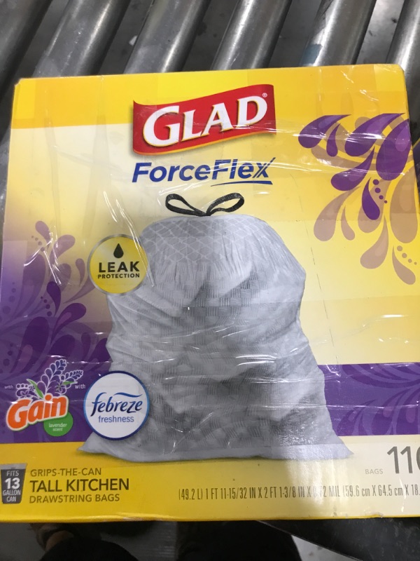 Photo 1 of Glad ForceFlex Tall Kitchen Drawstring Trash Bags, 13 Gallon Trash Bag, Gain Lavender with Febreze Freshness, 110 Count, Pack of 1