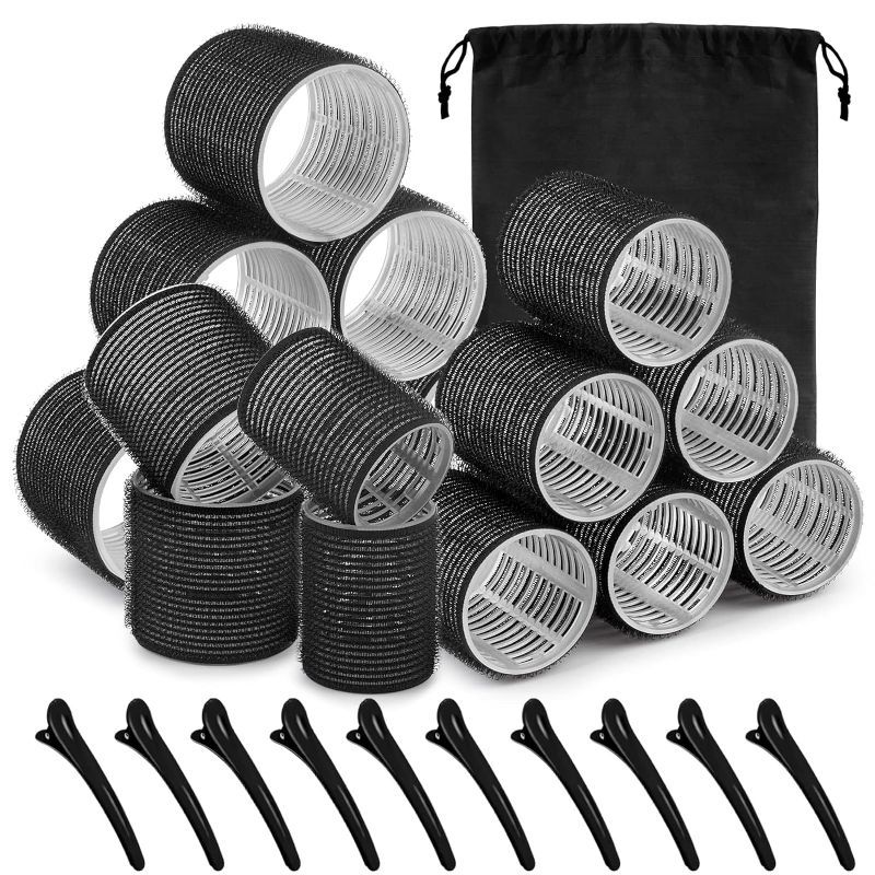 Photo 1 of Self grip hair roller set 16 pcs,Heatless hair curlers,Hair rollers with hair roller clips and comb,Salon hairdressing curlers,DIY Hair Styles, Sungenol 2 Sizes Black Hair Rollers in 1 set
