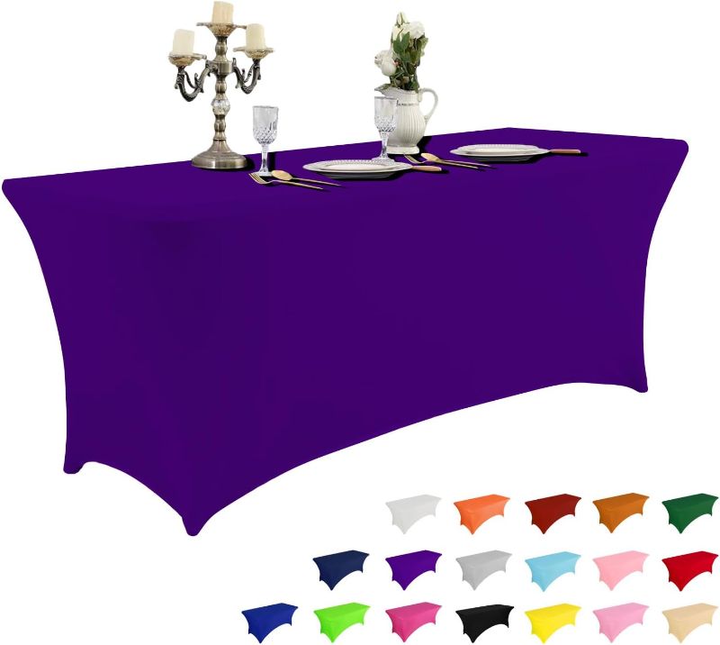 Photo 1 of 6FT Table Cloth for Rectangular Fitted Events Stretch Purple Table Covers Washable Table Cover Spandex Tablecloth Table Protector for Party, Wedding, Cocktail, Banquet, Festival
