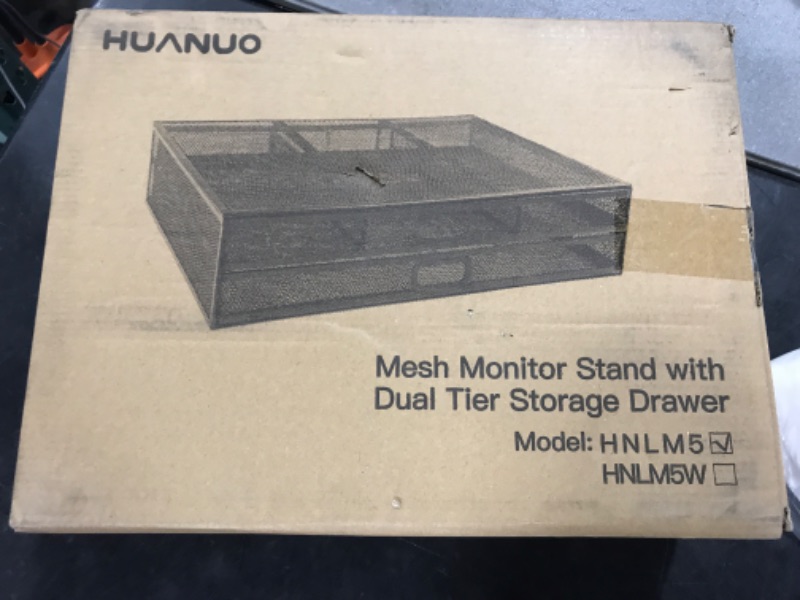 Photo 2 of Monitor Stand with Drawer, Monitor Stand, Monitor Riser Mesh Metal, Desk Organizer, Monitor Stand with Storage, Desktop Computer Stand for PC, Laptop, Printer - HUANUO Black