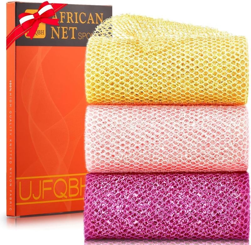 Photo 1 of 4 Piece Bright Style African exfoliating net Exfoliating Shower Set Long Bath Sponges for Smooth, Refreshed Skin, The Exterior Gleams - Ideal for Daily Use (Brown, Blue , Purple, and , Grey)