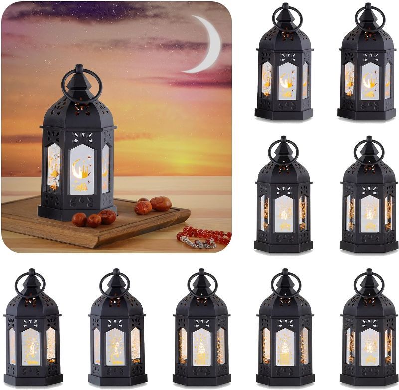 Photo 1 of 10 Pcs Black Mini Ramadan Lanterns - Miniature Eid Mubarak Lantern Decorations with flickering LED Candlelight for Table Centerpieces Fireplace, 6" Small Hanging Decor, Batteries Included