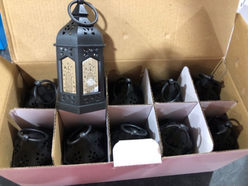 Photo 2 of 10 Pcs Black Mini Ramadan Lanterns - Miniature Eid Mubarak Lantern Decorations with flickering LED Candlelight for Table Centerpieces Fireplace, 6" Small Hanging Decor, Batteries Included