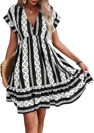 Photo 1 of SOLY HUX Women's Striped Tribal Print Smock Mini Dress Short Sleeve Summer A Line Dresses Size L 