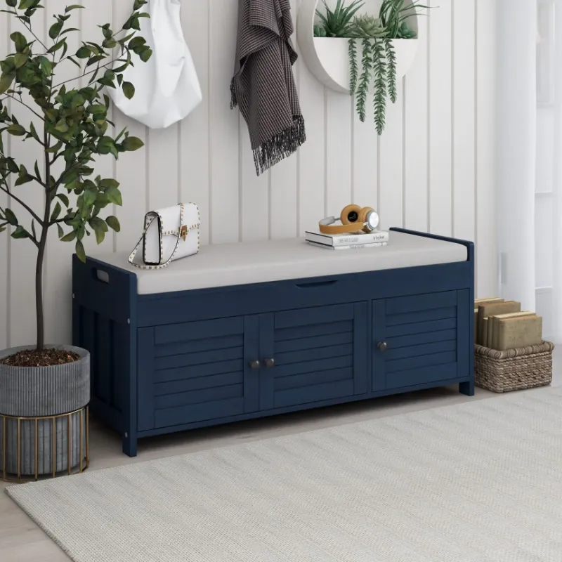 Photo 1 of 43.5''Storage Bench, Shoe Bench with 3 Shutter-shaped Doors, Rustic Entryway Bench with Removable Cushion and Hidden Storage Space, Antique Navy (New)
