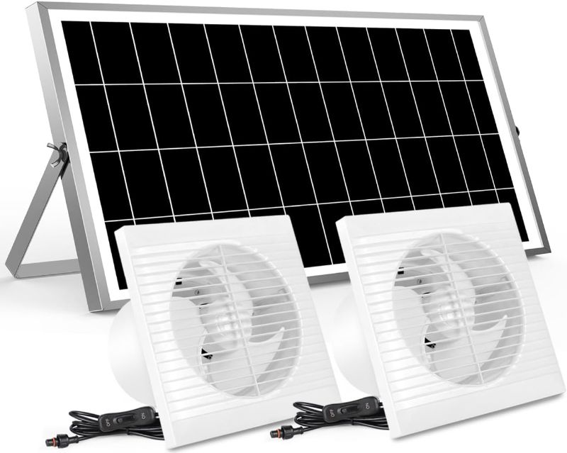 Photo 1 of 50W Solar Powered Exhaust Vent Dual Fans Large Air Flow for Greenhouse, Shed, Attic, Chicken Coop, Trailer, Outside, Solar Panel with Mount Bracket 8 Inch DC Fan On/Off Switch Cable
