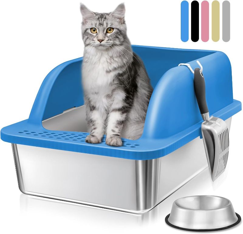 Photo 1 of Stainless Steel Litter Box, 24'' x 16'' x 12'' Extra Large Metal Litter Box with Lid, Enclosed Cat Litter Boxes Easy to Clean, Open Air Steel Litter Box, Kitty Litter Pan with Scoop(Blue)
