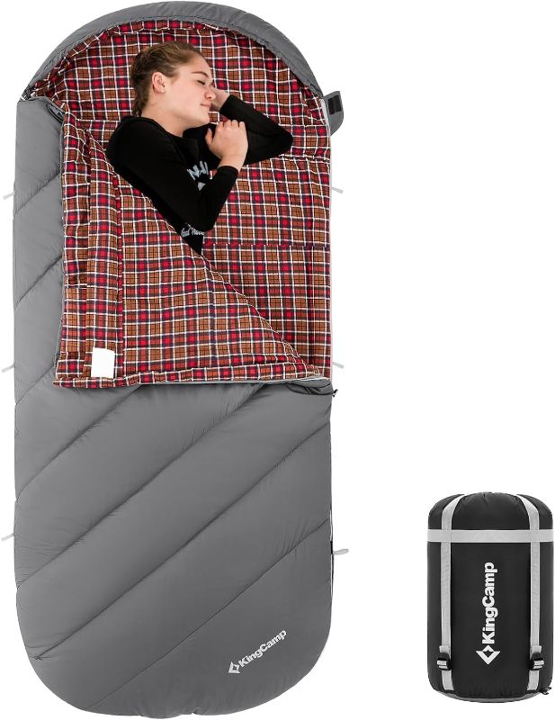 Photo 1 of KingCamp Sleeping Bag for Adults, Extra Wide Flannel Sleeping Bag for Camping Backpacking, Warm & Cold Weather, Big and Tall, Lightweight, XL Size

