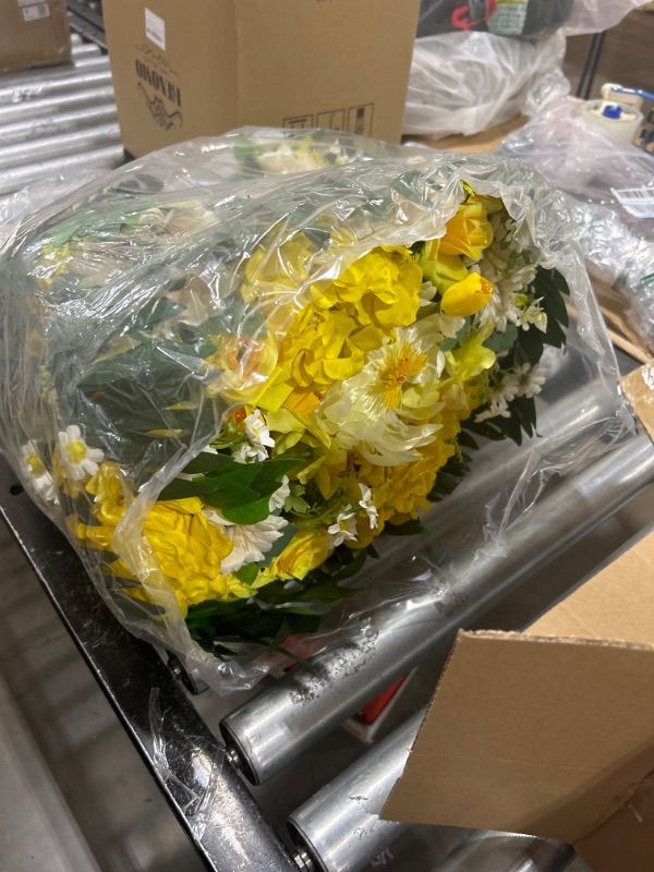 Photo 1 of HENOMO Cemetery Saddle Flower and Bouquets with Vases,Tombstone Floral Memorial Arrangement - YELLOW,Graveside Decoration for Headstone