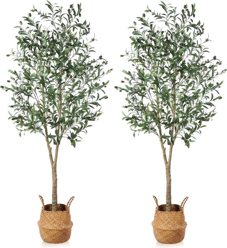 Photo 1 of Artificial Olive Trees 6Ft Fake Olive Plant with Basket Faux Plants Indoor Outdoor Fake Tree in Pot Slik Plants for Home Decor Office Living Room Perfect Housewarming Gift Green 2Pack
