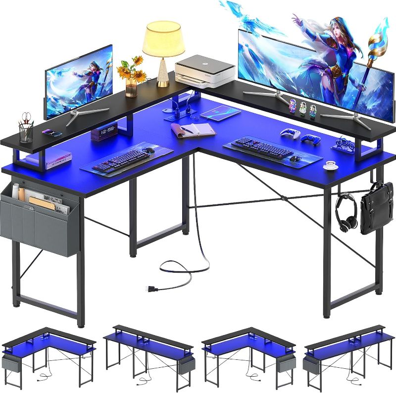 Photo 1 of armocity L Shaped Computer Desk with Power Outlets, Gaming Desk L Shaped with LED Lights, Corner Desk with Storage Shelves, Work Study Desk for Bedroom, Home Office Small Spaces, 47'', Black Black 47'' (Full Monitor Stand)