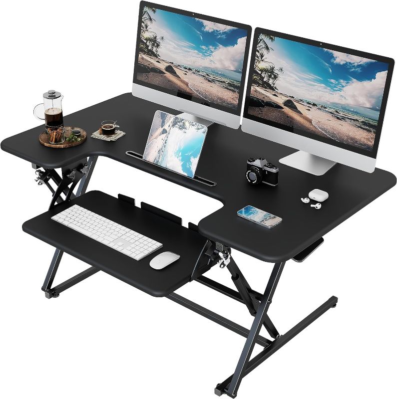 Photo 1 of Standing Desk Converter, 42 x 24 Inches Height Adjustable Sit Stand Desk Riser for Dual Monitors, Black, 42"
