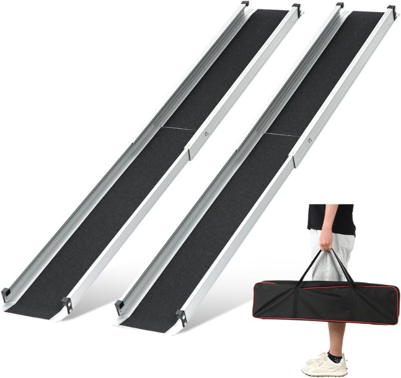 Photo 1 of Adjustable Wheelchair Ramp 7FT Telescoping Portable Wheelchair Ramps for Steps Ramps for Wheelchair for Home with Storage Bag Aluminum Non-Skid Ramps 84" L x 7.4" W 600lbs Capacity (2 Pack)
