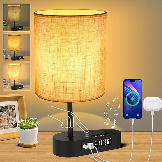 Photo 1 of 4-in-1 Touch Control Bedside Table Lamp with Bluetooth Speaker, Digital Clock, Dual Alarms, 3-Level Dimmable, and USB C+A Charging Ports - Perfect for Bedroom/Living Room/Nightstand/Home Office
