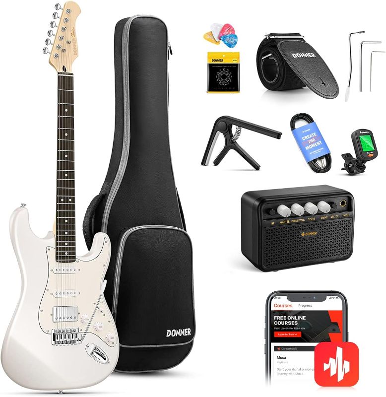 Photo 1 of Donner DST-152R Electric Guitar, 39" Beginner Electric Guitar Kit, HSS Pickup with Coil Split, Guitar Starter Set with Amp, Bag, All Accessories, Metallic 