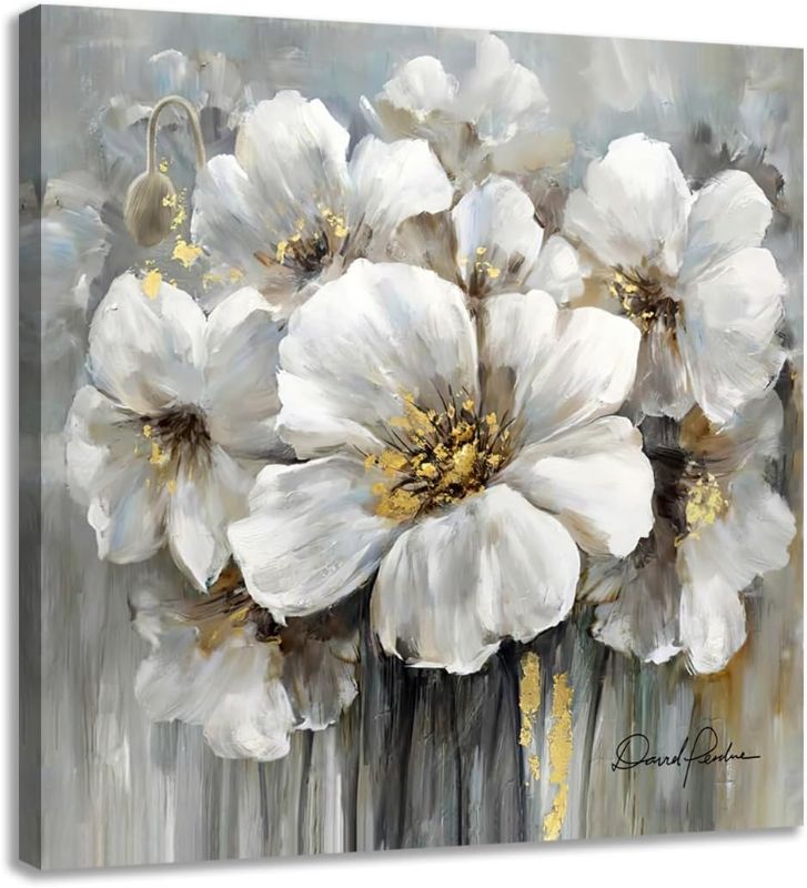 Photo 1 of Art Abstract White and Grey Floral Painting on Canvas