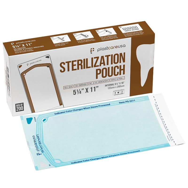 Photo 1 of PlastCare USA 200 5.25 x 10 Self-Sterilization Pouches for Cleaning Tools, Autoclave Steril...
