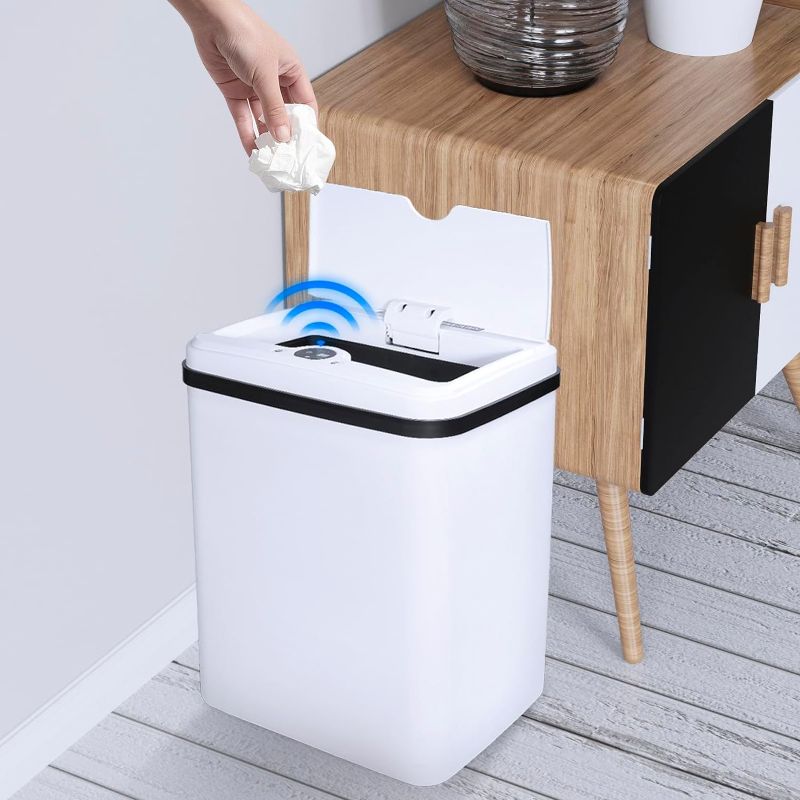 Photo 1 of Small Automatic Trash Can, Touchless Trash Can for Bathroom Kitchen Bedroom, Electric Motion Sensor Garbage Can, 3.5 Gallon,White
