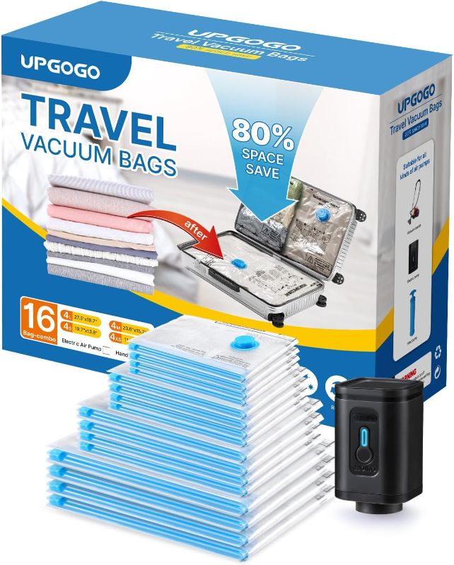 Photo 1 of Combo 16 Pack Travel Vacuum Bags with Prtable Electric Pump,Vacuum Seal Bags for Clothing,Space Saver Vacuum Storage Bags,Vacuum Travel Bags for Luggage,Travel Essentials
