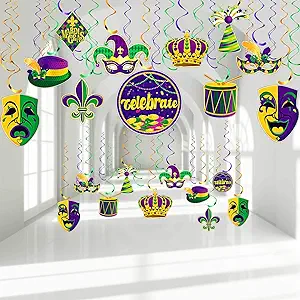 Photo 1 of 30 Pieces Mardi Gras Decorations Party Supplies Mardi Gras Tinsel Garland Hanging Swirl Decorations Colorful Garland Crown Mask Sign Ceiling Decor for Mardi Gras Masquerade New Orleans Party

