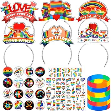 Photo 1 of HOWAF 44pcs Gay Pride Party Decorations LGBT Accessories Kit Gay Pride Bracelet Button Pins Badge Headband Tiara Pride Tattoos for Cosplay,Carnivals,Marches,Celebration Parade Pride Decorations
