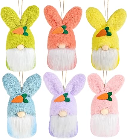 Photo 1 of Gnomes Easter Tree Ornaments 2024, Colorful Spring Gnomes Easter Ornaments for Tree 6 Pcs, Handmade Easter Bunny Gnomes Plush Easter Knomes Ornament
