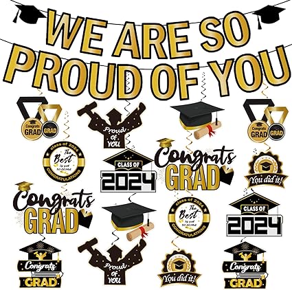 Photo 1 of 2 Pack LARRAZABAL Black and Gold Graduation Decorations 2024, We are So Proud of You Banner, Congrats Grad Hanging Swirls Decorations, College Graduation Party Decorations Class of 2024 Decorations
