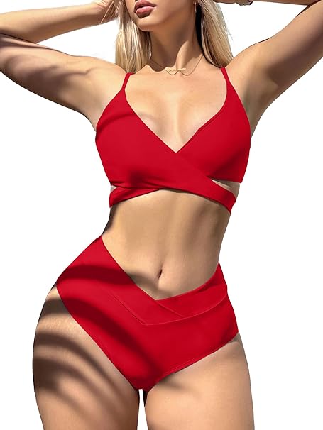 Photo 1 of Rooscier Women's 2 Piece Bikini Set Wrap V Neck Tie Back Strap Swimsuit Bathing Suit small
