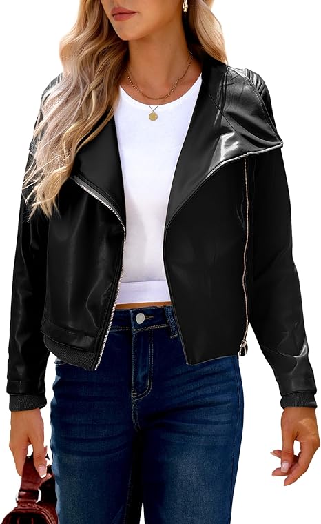 Photo 1 of luvamia Faux Leather Jackets for Women Zip Up Lapel Collar Motorcyle Biker Short Jacket PU Leather Blazer Long Sleeves  XS
