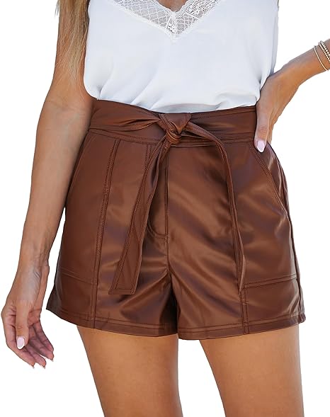 Photo 1 of luvamia Faux Leather Shorts for Women High Waist Wide Leg Stretchy Waist Shorts with Pockets Belt Short PU Leather Pants large 
