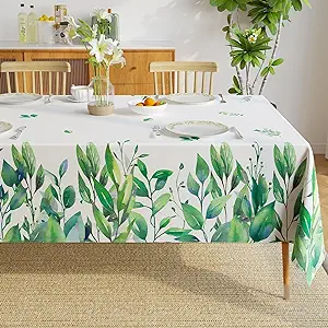 Photo 1 of Romanstile Spring Summer Tablecloths for Rectangle Tables, Waterproof Stain Resistant Polyester Fabric Table Cover Green Leaves Pattern Table Cloth for Dinner Party Picnic Camping, 60 x 102 Inch
