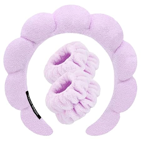 Photo 1 of Spa Headbands for Washing Face Wristband Set Sponge Makeup Skincare Headband Wrist Towels Bubble Soft Terry Towel Cloth Hairband for Women Puffy Headwear Non Slip Thick Thin Hair Headwear (Lilac)
