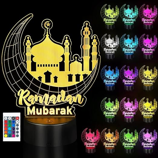 Photo 1 of Ramadan Mubarak Night Lights,16 Colores Eid Al Fitr Lights Decorations, Islam 3D LED Light with Remote Control for Bedroom Home Eid Al Fitr Party Muslim Friends Gifts(Character Style)
