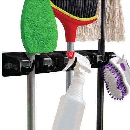 Photo 1 of Gorilla Grip Premium Mop and Broom Holder 5 Auto Adjust Slots 6 Hooks Holds up to 50 Lbs Easy Install Wall Mount Store Cleaning and Gardening Too
