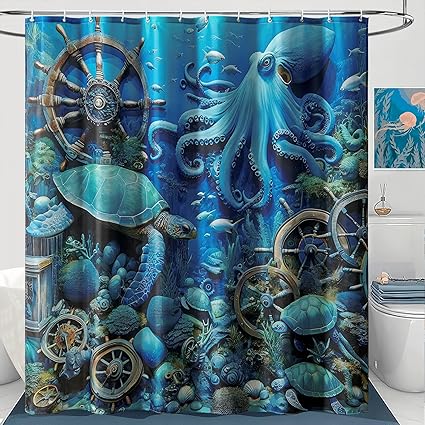 Photo 1 of Vintage Nautical Sea Turtle Octopus Shower Curtain Blue Ocean Beach Shower Curtains for Bathroom Pirate Wheels Bathroom Fabric Beach Themed Bath Curtain Decor with 12 Hooks 72”x72”
