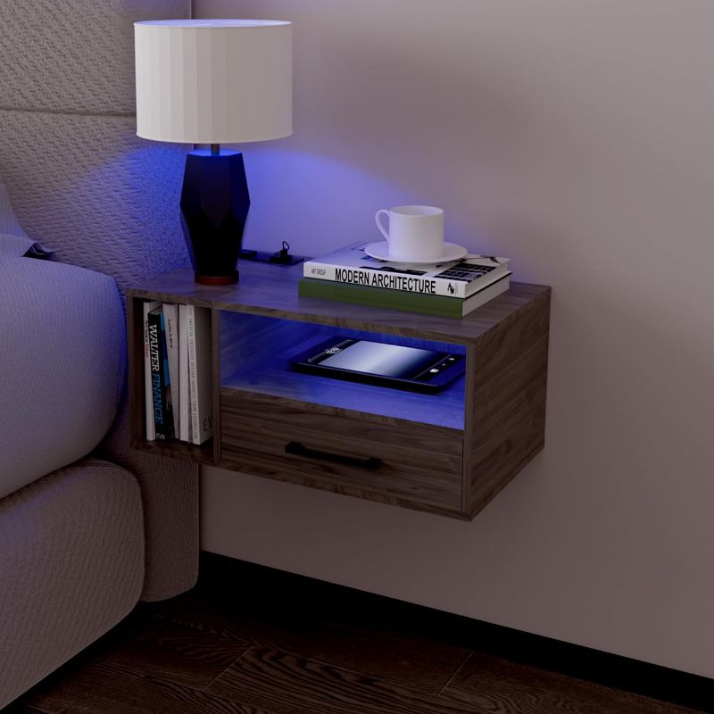 Photo 1 of Floating Nightstand with Charging Station and LED Lights, Floating Bedside Table with Drawers Wall Mounted Nightstands,for Bedroom Room, 21.3" x 11.8" x 10",White