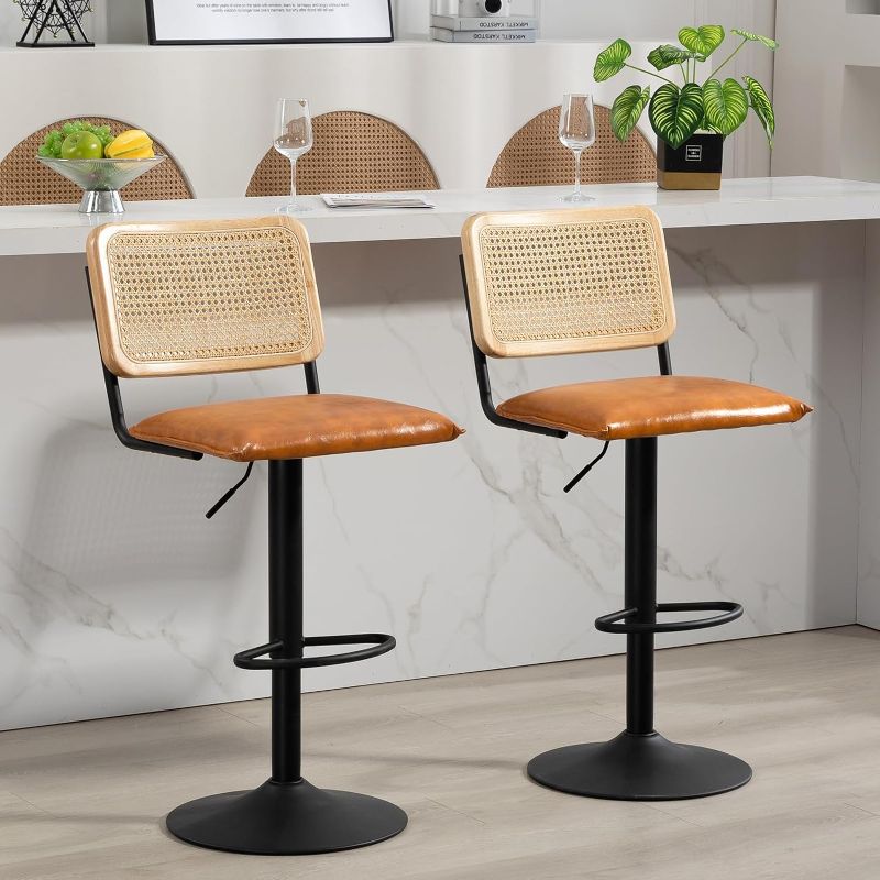 Photo 1 of Finnhomy Modern Rattan Bar Stools Set of 2 - Natural Woven Design, Swivel Seat, Footrest, and Cane Backrest, Height Adjustable Bar Chairs for Kitchen Counter and Dining Room, Whiskey Brown
