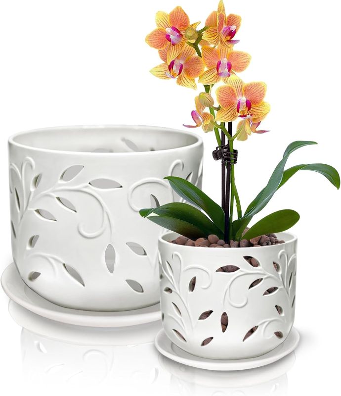 Photo 1 of Orchid Pots with Holes,6 inch + 5 inch Ceramic Planters Set of 2 with 2 Bottom Tray, Enhanced Drainage and Ventilation,White Flower Pots for Indoor/Outdoor Plants for Repotting
