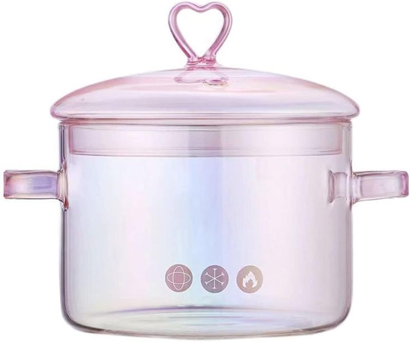 Photo 1 of Pink Glass Saucepan with Lid and Handle, 1.5L/50oz Glass Cooking Pot, Glass Cooking Saucepan Safe for Pasta Noodle, Soup, Milk, Baby Food
