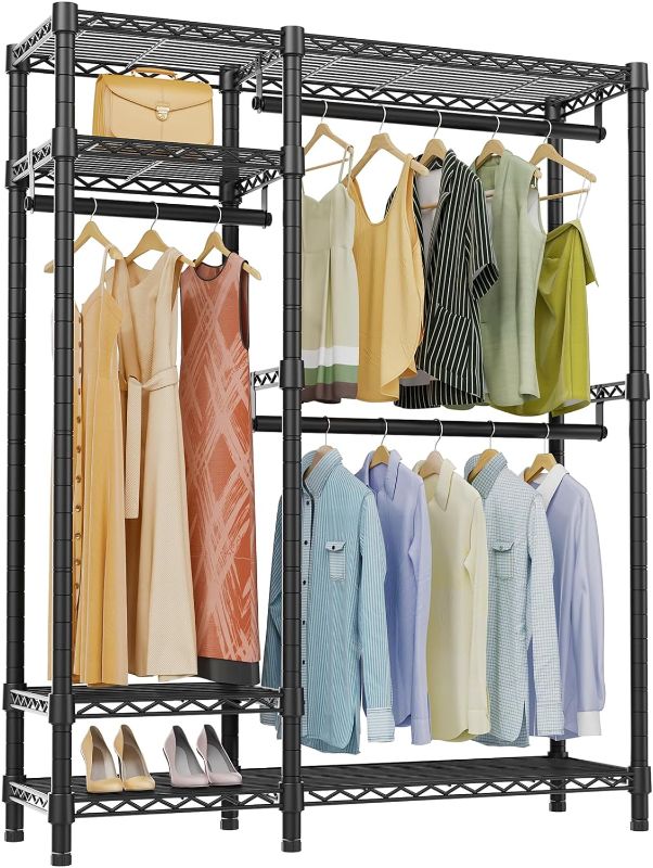 Photo 1 of VIPEK V2S Garment Rack Heavy Duty Commercial Grade Rack, 4 Tiers Adjustable Wire Shelving Clothing Racks with 3 Hanging Rods, Freestanding Closet Metal Wardrobe Closet, Max Load 750LBS, Black
