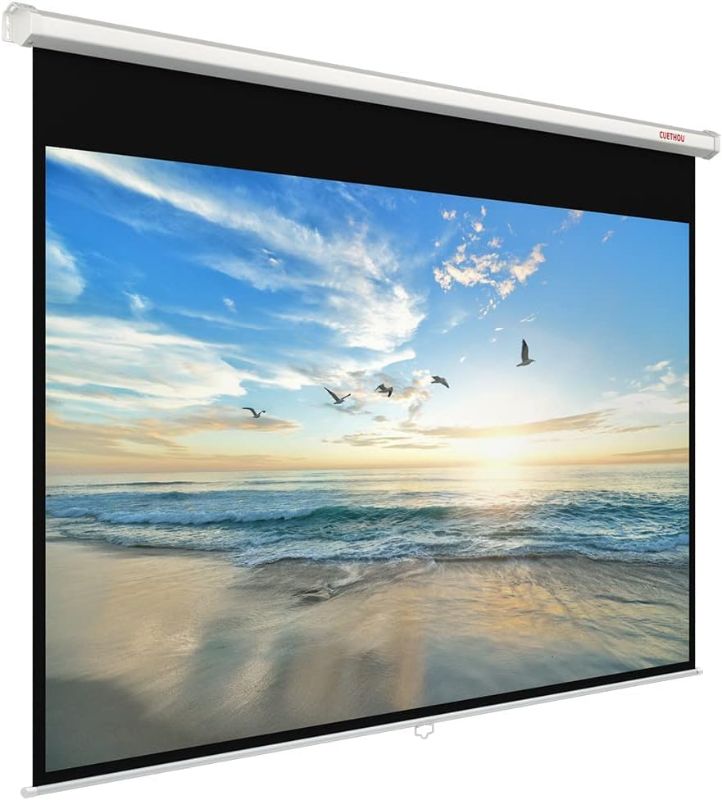 Photo 1 of Projector Screen Manual Pull Down 112 inch 16:9 Auto Locking Indoor Outdoor 4K Ultra HD Wide Viewing Angle Wrinkle-Free Design Projection Screen Easy to Clean for Home Theater Office School by CUETHOU
