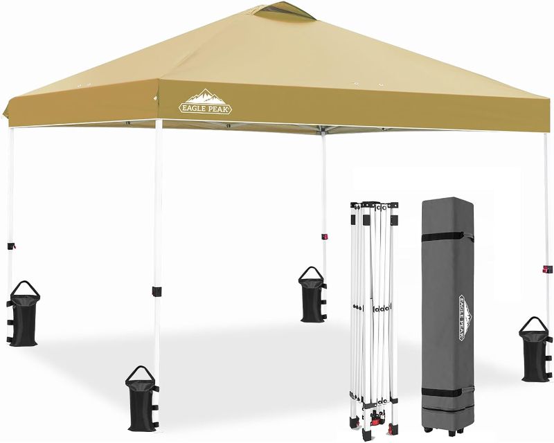 Photo 1 of EAGLE PEAK 10x10 Pop Up Canopy Tent with Carry Bag, 4 Stakes, 4 Ropes, 4 Weight Bags, Easy Set Up Tent Canopy, 100sqft of Shade, Beige
