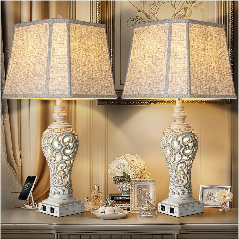 Photo 1 of 32" Heigh Table Lamps Set of 2 - Bedside Lamp with Fabric Shades - for Bedroom and Living Room with USB and Nightlight - Perfect for Nightstands and Bedrooms - Bulbs Included
