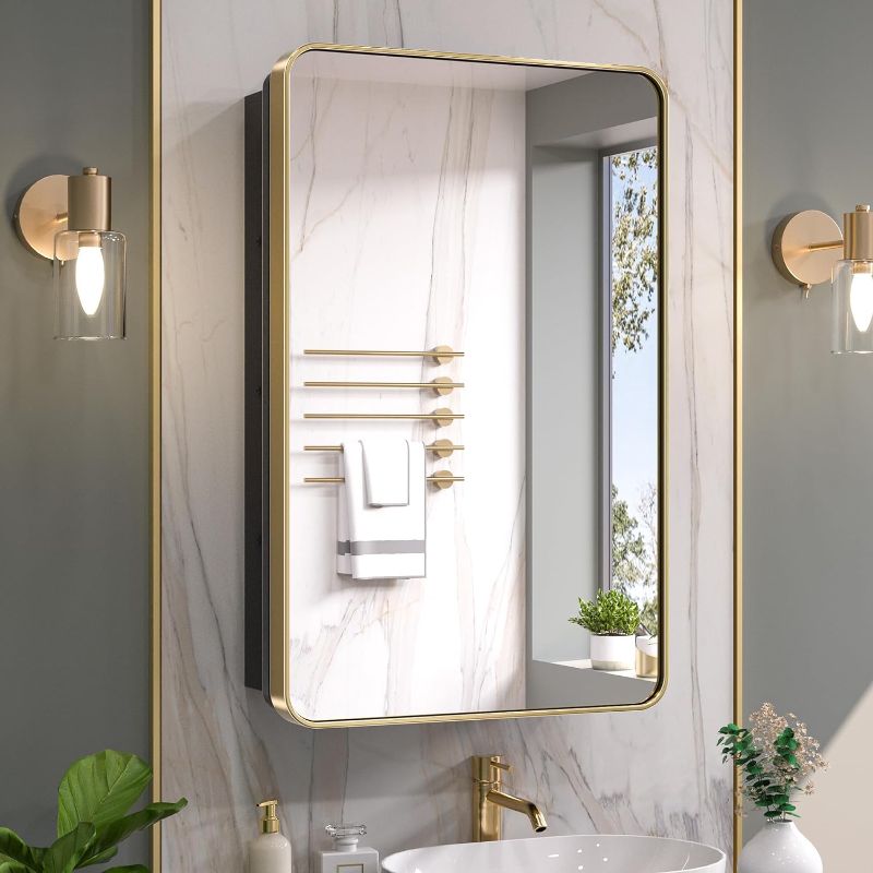 Photo 1 of Keonjinn 20 x 32 Inch Mirrored Gold Medicine Cabinets for Bathroom Adjustable Shelves Stainless Steel Framed Single Door Rounded Rectangle Wall Mounted Recessed Bathroom Storage Cabinets with Mirror
