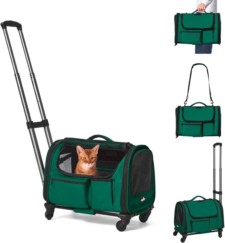 Photo 1 of Cat Carrier with Wheels, Foldable Airline Approved Dog Cat Carrier with Wheels for Cat Dog Under 20 lbs, Rolling Cat Carrier Travel Bag with Telescopic Handle for Walking Travel Vet Visits
