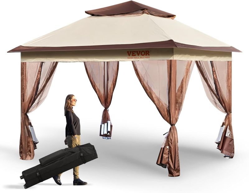 Photo 1 of VEVOR Pop up Gazebo for 8-10 Person, with Mosquito Netting, Metal Frame, and PU Coated 250D Oxford Cloth, Outdoor Canopy Shelter for Patio, Backyard, Lawn, Garden, Deck, 11 x 11 FT, Brown
