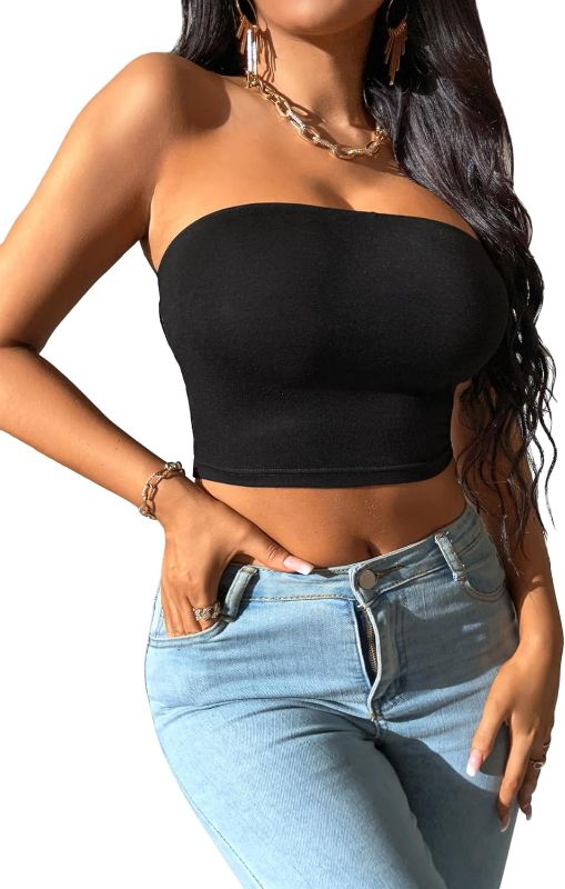 Photo 1 of GORGLITTER Women's Strapless Bandeau Tube Top Sleeveless Casual Knitted Crop Tops SMALL
