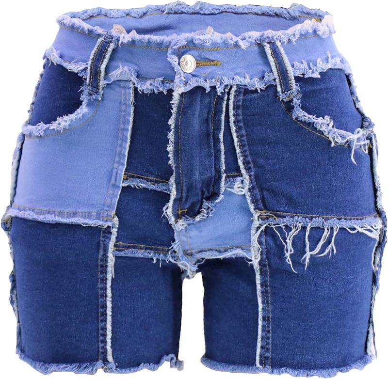 Photo 1 of Summer Fashion Women's Plus Size Jeans Irregular Colorblock Raw Edge Denim Shorts SIZE XL