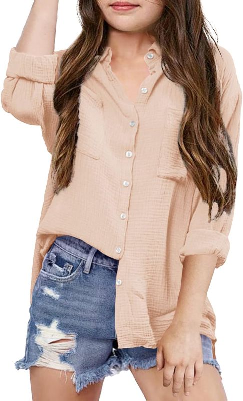 Photo 1 of Saudacdn Girls Button Down Shirts Long Roll Up Cuffed Sleeve Collared Blouses Casual Cotton Tops with Pockets LARGE