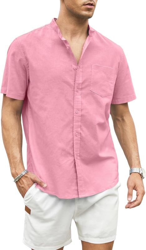 Photo 1 of JMIERR Men's Shirts Linen Short Sleeve Button Down Casual Band Collar Beach Tops with Pocket SIZE LARGE